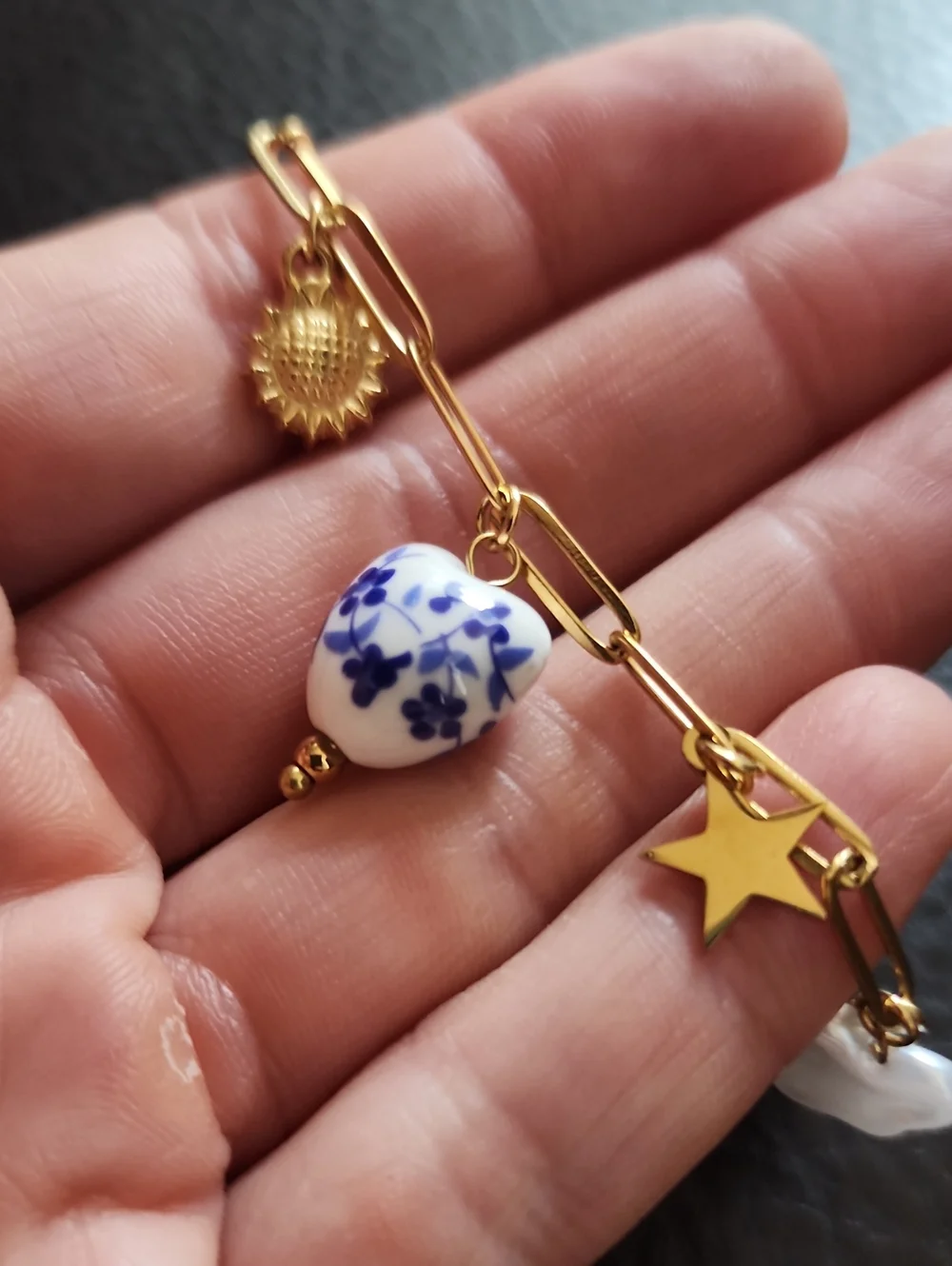 Gold Tone Stainless Steel Chain Bracelet with Blue Floral Porcelain Charms